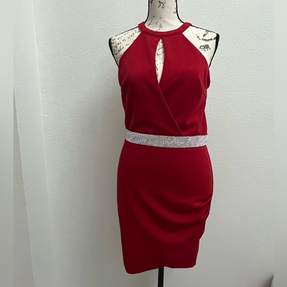 Red Backless Dress with Silver Accents